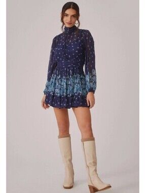 NWT Anthropologie Letmebe blue floral pleated blouston botice mini dress